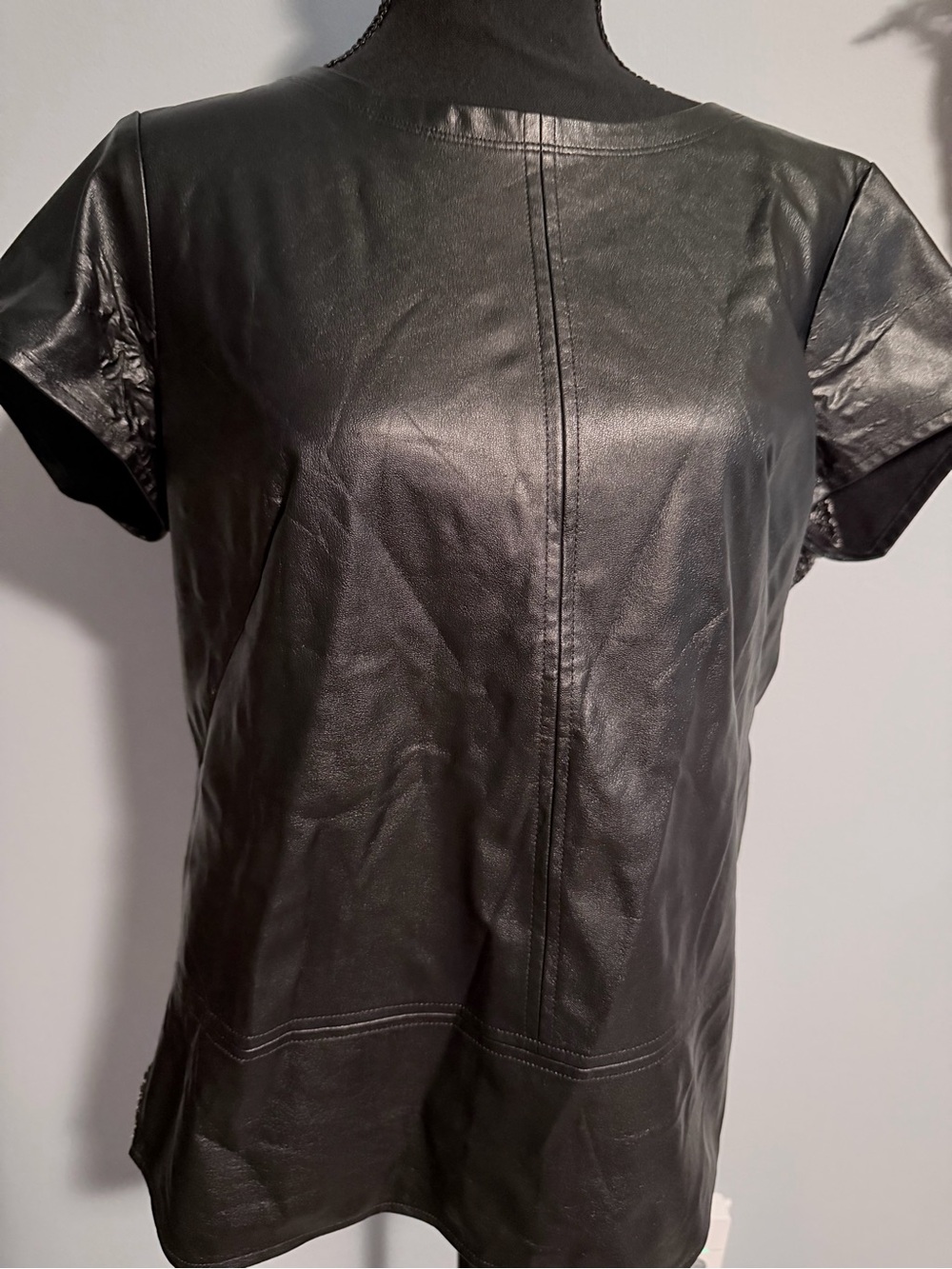 White House Black Market Black Faux Leather Short Sleeve Tee